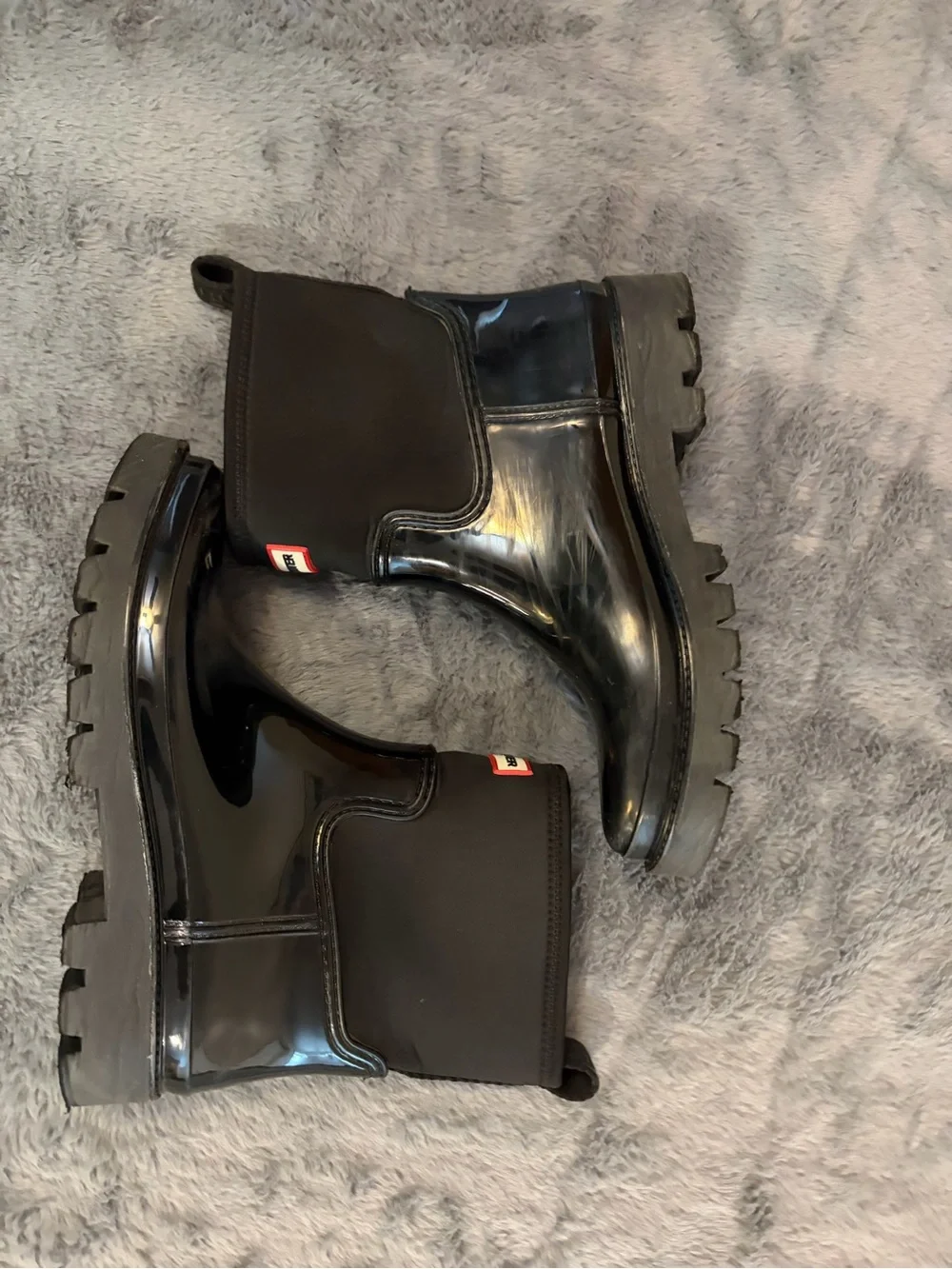 Hunter Black Gloss Ankle Rain Boots with Red Logo Trim